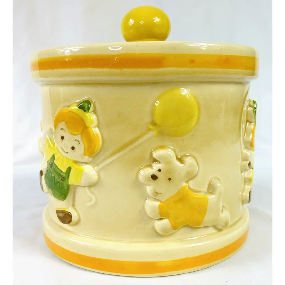 Vtg Metlox Poppytrail Drum Cookie Jar Canister w/ Lid Children Kids Playing
